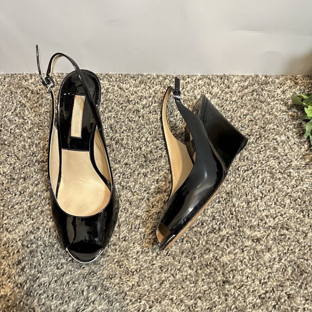 Michael Kors Slingback Black Patent Leather Open Toe Wedge Shoes Size 37.5 US 7